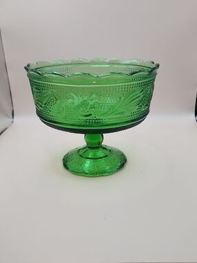 Vintage E.O. Brody Green Glass Pedestal Compote Candy Dish Footed Bowl USA
